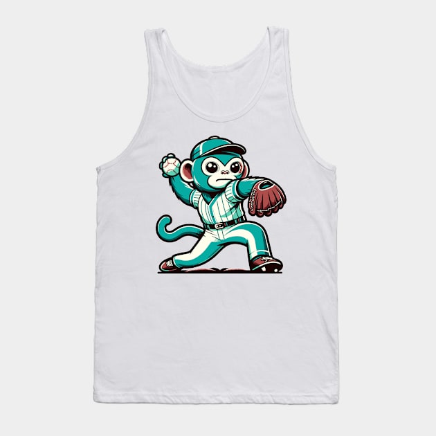 Throwback monkey pitcher - Vintage 1990s Cartoon Style Baseball Art Tank Top by TimeWarpWildlife